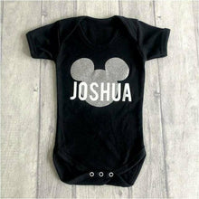 Load image into Gallery viewer, Black Mickey Mouse Personalised Baby Disney Romper, follow us on Instagram, high quality clothing at affordable prices