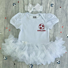 Load image into Gallery viewer, England, The Three Lions, Football Personalised Tutu Romper, featuring red football England, Including Matching white headband.