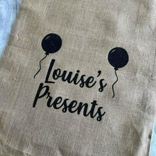 Load image into Gallery viewer, Personalised presents birthday balloons gift sack Personalised Hessian Sack