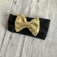 Load image into Gallery viewer, Baby Girl Black Headband with Gold Sequin Glitter Bow