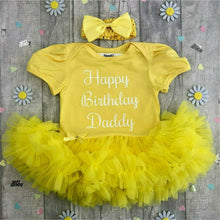 Load image into Gallery viewer, 'Happy Birthday Daddy' Baby Girl Tutu Romper With Matching Bow Headband, White Glitter