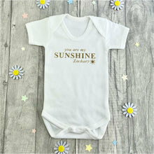 Load image into Gallery viewer, Products 'You Are My Sunshine' Personalised Baby Boys Short Sleeve Romper With Gold Glitter Sun Design