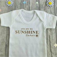 Load image into Gallery viewer, Products 'You Are My Sunshine' Personalised Baby Boys Short Sleeve Romper With Gold Glitter Sun Design