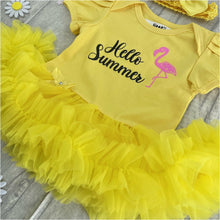 Load image into Gallery viewer, 'Hello Summer' Baby Girl Yellow Tutu Romper With Matching Bow Headband, Flamingo Design Summer Dress