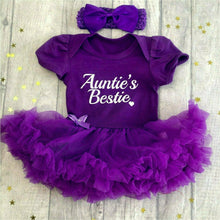 Load image into Gallery viewer, Auntie's Bestie. Baby Girl Tutu Romper With Matching Bow Headband white glitter design.