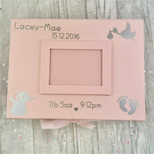 Load image into Gallery viewer, Products Personalised Newborn Keepsake Photo Box, Baby Details, Stork and Elephant Design A4 Size