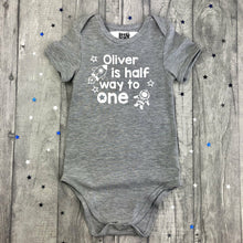 Load image into Gallery viewer, Personalised Half Way To One Baby Boy Romper, Half Birthday, Astronaut, Rocket, Space Design