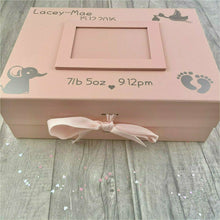 Load image into Gallery viewer, Products Personalised Newborn Keepsake Photo Box, Baby Details, Stork and Elephant Design A4 Size