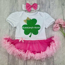 Load image into Gallery viewer, Personalised 'Shamrock' St Patrick's Day Tutu Romper With Matching Bow Headband