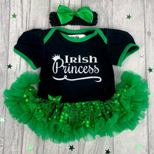Load image into Gallery viewer, 'Irish Princess' Green And Black Sequin Tutu Romper With Matching Bow Headband, St Patricks Day Outfit