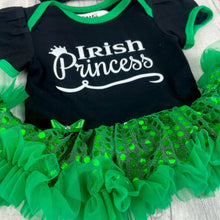 Load image into Gallery viewer, 'Irish Princess' Green And Black Sequin Tutu Romper With Matching Bow Headband, St Patricks Day Outfit