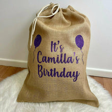 Load image into Gallery viewer, Personalised Birthday Balloons Presents Hessian Gift Sack