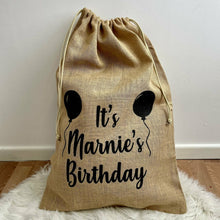 Load image into Gallery viewer, Personalised Birthday Balloons Presents Hessian Gift Sack
