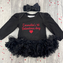 Load image into Gallery viewer, Newborn Baby Girl 1st Valentine's Day Tutu Dress, Black Long Sleeve Tutu Romper Dress