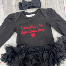 Load image into Gallery viewer, Newborn Baby Girl 1st Valentine's Day Tutu Dress, Black Long Sleeve Tutu Romper Dress