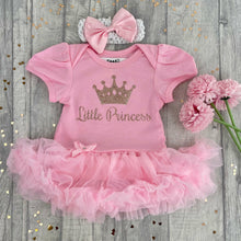Load image into Gallery viewer, Little Princess Baby Girl Tutu Romper With Matching Bow Headband, Rose Gold Glitter