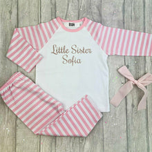 Load image into Gallery viewer, 'Little Sister' Personalised Name Pink and White Stripe Girls Pyjamas