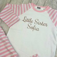 Load image into Gallery viewer, 'Little Sister' Personalised Name Pink and White Stripe Girls Pyjamas