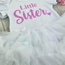 Load image into Gallery viewer, Big Sister / Little Sister Baby Girls White Tutu Romper with Matching Bow Headband