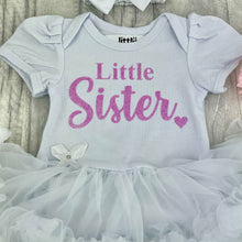 Load image into Gallery viewer, Big Sister / Little Sister Baby Girls White Tutu Romper with Matching Bow Headband