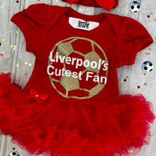 Load image into Gallery viewer, Liverpool&#39;s Cutest Fan The Red&#39;s, Red Tutu Romper with gold football and white text, matching headband

