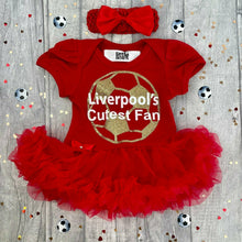 Load image into Gallery viewer, Liverpool's Cutest Fan The Red's, Red Tutu Romper with gold football and white text, matching headband