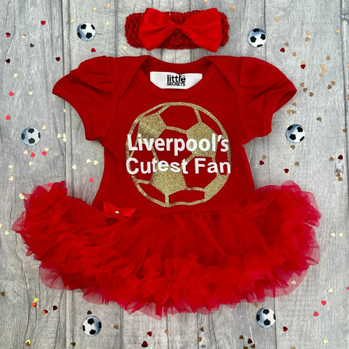 Liverpool's Cutest Fan The Red's, Red Tutu Romper with gold football and white text, matching headband