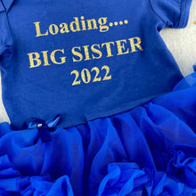 Load image into Gallery viewer, Loading... Big Sister Baby Girl Tutu Romper with Matching Bow Headband, Gold Glitter Design