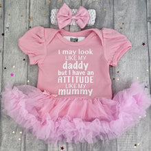 Load image into Gallery viewer, I May Look Like My Daddy But I Have An Attitude Like My Mummy Baby Girl Tutu Romper With Matching Bow Headband