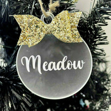 Load image into Gallery viewer, Personalised Christmas Bauble with Glitter Bow, Flat Christmas Decoration