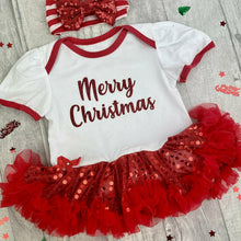 Load image into Gallery viewer, Merry Christmas Baby Girl Red Sequin Tutu Romper With Red Stripe Sequin Headband
