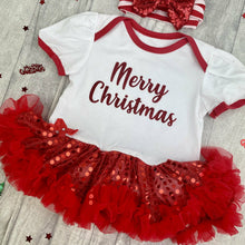 Load image into Gallery viewer, Merry Christmas Baby Girl Red Sequin Tutu Romper With Red Stripe Sequin Headband
