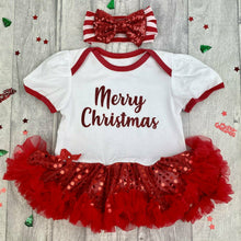 Load image into Gallery viewer, Merry Christmas Baby Girl Red Sequin Tutu Romper With Red Stripe Sequin Headband