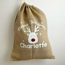 Load image into Gallery viewer, Personalised Christmas Reindeer Rudolph Presents Hessian / Burlap Gift Sack