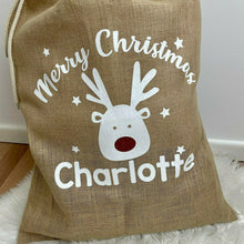 Load image into Gallery viewer, Personalised Christmas Reindeer Rudolph Presents Hessian / Burlap Gift Sack