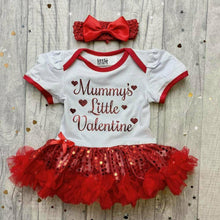 Load image into Gallery viewer, Mummy's Little Valentine Red Glitter Design, Sequin Tutu Romper With Matching Bow Headband - Little Secrets Clothing