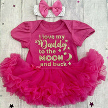 Load image into Gallery viewer, 'I Love My Daddy To The Moon And Back' Baby Girl Tutu Romper With Matching Bow Headband, Gold Glitter Design
