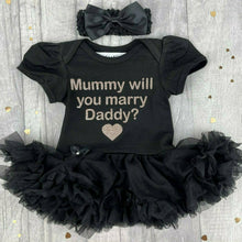 Load image into Gallery viewer, 'Mummy Will You Marry Daddy?' Baby Girl Tutu Romper With Matching Bow Headband, Wedding, Engagement