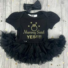 Load image into Gallery viewer, 'Mummy Said Yes!' Baby Girl Tutu Romper With Matching Bow Headband, Wedding Engagement Announcement Gift