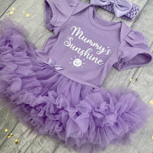 Load image into Gallery viewer, 'Mummy's Sunshine' Baby Girl Tutu Romper With Matching Bow Headband, Summer Dress, Sun Design