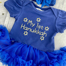 Load image into Gallery viewer, 'My 1st Hanukkah' Baby Girl's Tutu Romper with Matching Bow Headband, Gold Glitter Design
