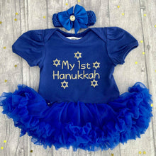 Load image into Gallery viewer, 'My 1st Hanukkah' Baby Girl's Tutu Romper with Matching Bow Headband, Gold Glitter Design