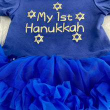 Load image into Gallery viewer, 'My 1st Hanukkah' Baby Girl's Tutu Romper with Matching Bow Headband, Gold Glitter Design