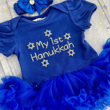 Load image into Gallery viewer, 'My 1st Hanukkah' Baby Girl's Tutu Romper with Matching Bow Headband, Gold Glitter Design