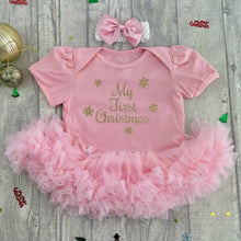 Load image into Gallery viewer, 'My First Christmas' Baby Girl Tutu Romper With Matching Bow Headband, Gold Glitter Text
