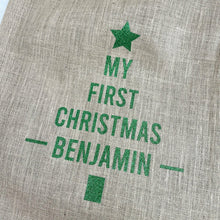 Load image into Gallery viewer, My First Christmas Baby Boy's & Baby Girl's Personalised Christmas Tree Gift Sack, Hessian / Burlap Present Sack