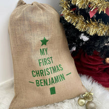 Load image into Gallery viewer, My First Christmas Baby Boy's & Baby Girl's Personalised Christmas Tree Gift Sack, Hessian / Burlap Present Sack