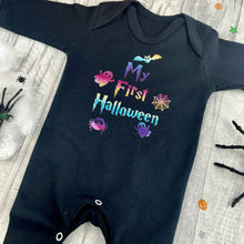 Load image into Gallery viewer, 'My First Halloween' Baby Boys or Girls Full-Body Black Sleepsuit, Rainbow Design
