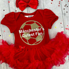 Load image into Gallery viewer, Manchester's Cutest Fan Football Tutu Romper with matching red headband, Gold football with white text.