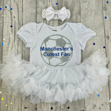 Load image into Gallery viewer, Manchester's Cutest Fan, white Tutu Romper with silver football and light blue writing, including matching white headband - Little Secrets Clothing